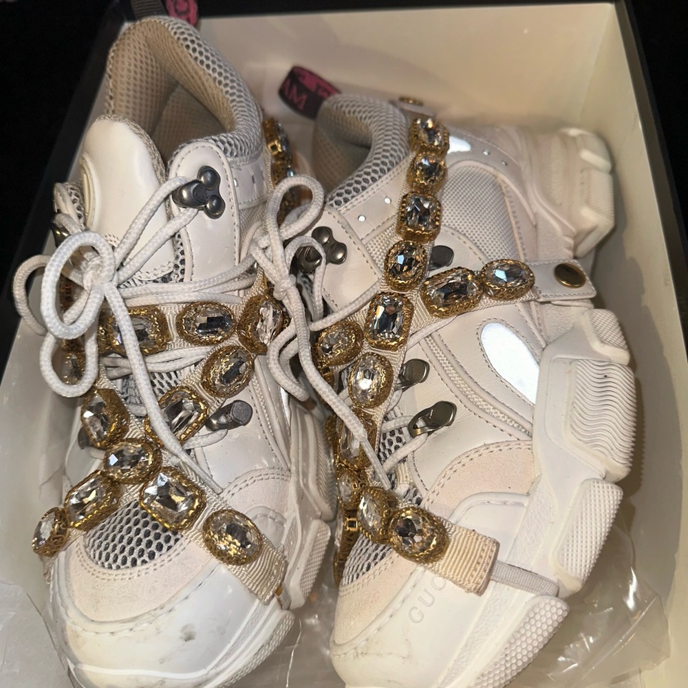 Gucci White Flashtrek Sneakers w/ Crystals